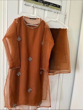 Girls Rust Orange Embellished Dress Set